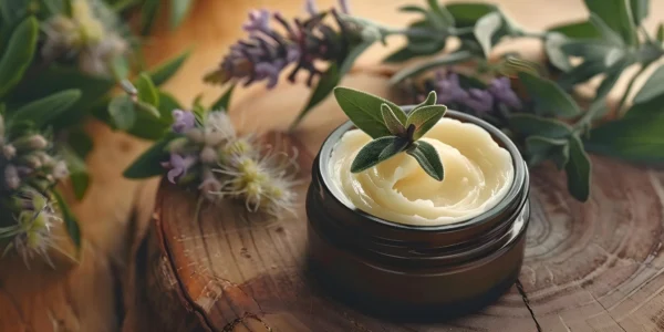 Naturkosmetik mit Bienenwachs in einem Tiegel, dekoriert mit Salbei und Kräutern.