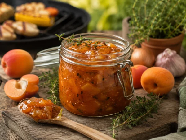 Aprikosen-Thymian-Chutney im Glas mit frischen Aprikosen und Thymian.