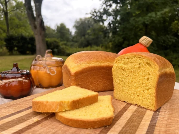 Frisch gebackenes Kürbisbrot aus der Gutsbäckerei von Gut Wulksfelde mit Hokkaido-Kürbis