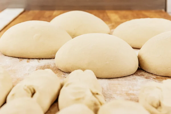 Frisch geformte Brotteige auf der bemehlten Arbeitsfläche in der Gutsbäckerei von Gut Wulksfelde.