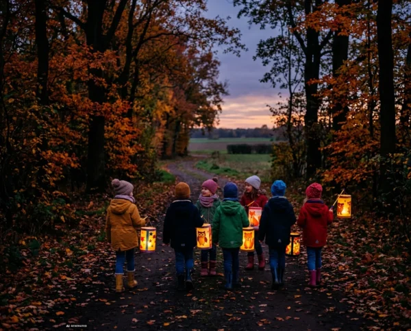 Kinder mit selbstgebastelten, leuchtenden Laternen bei einem herbstlichen Laternenlauf durch den Wald in der Abenddämmerung.