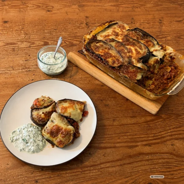 Vegetarische Moussaka mit Auberginen, Linsen und überbackenem Käse, serviert mit Kräuterdip.